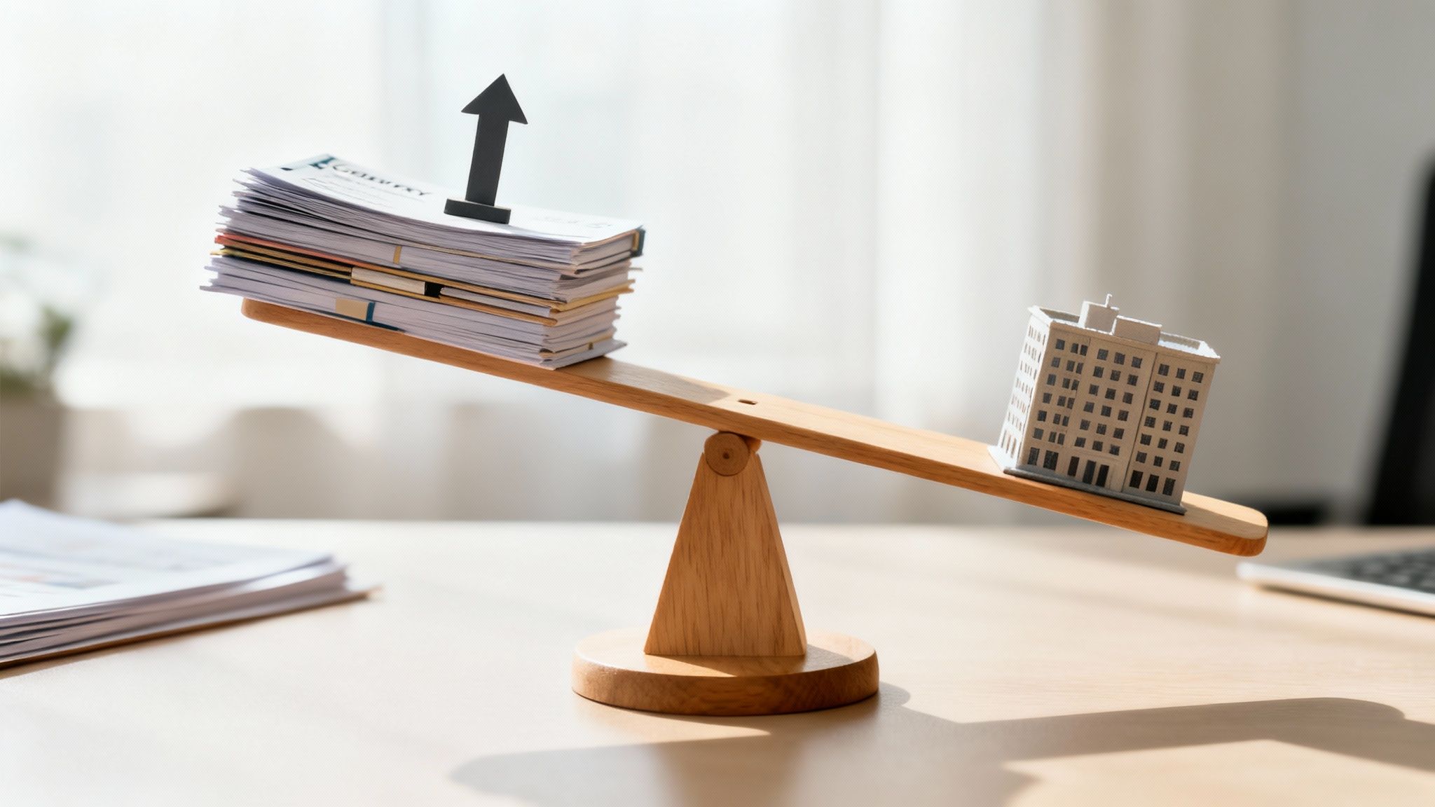 문서 더미와 상승 화살표가 건물 모형보다 무거운 나무 저울의 불균형을 보여주는 이미지