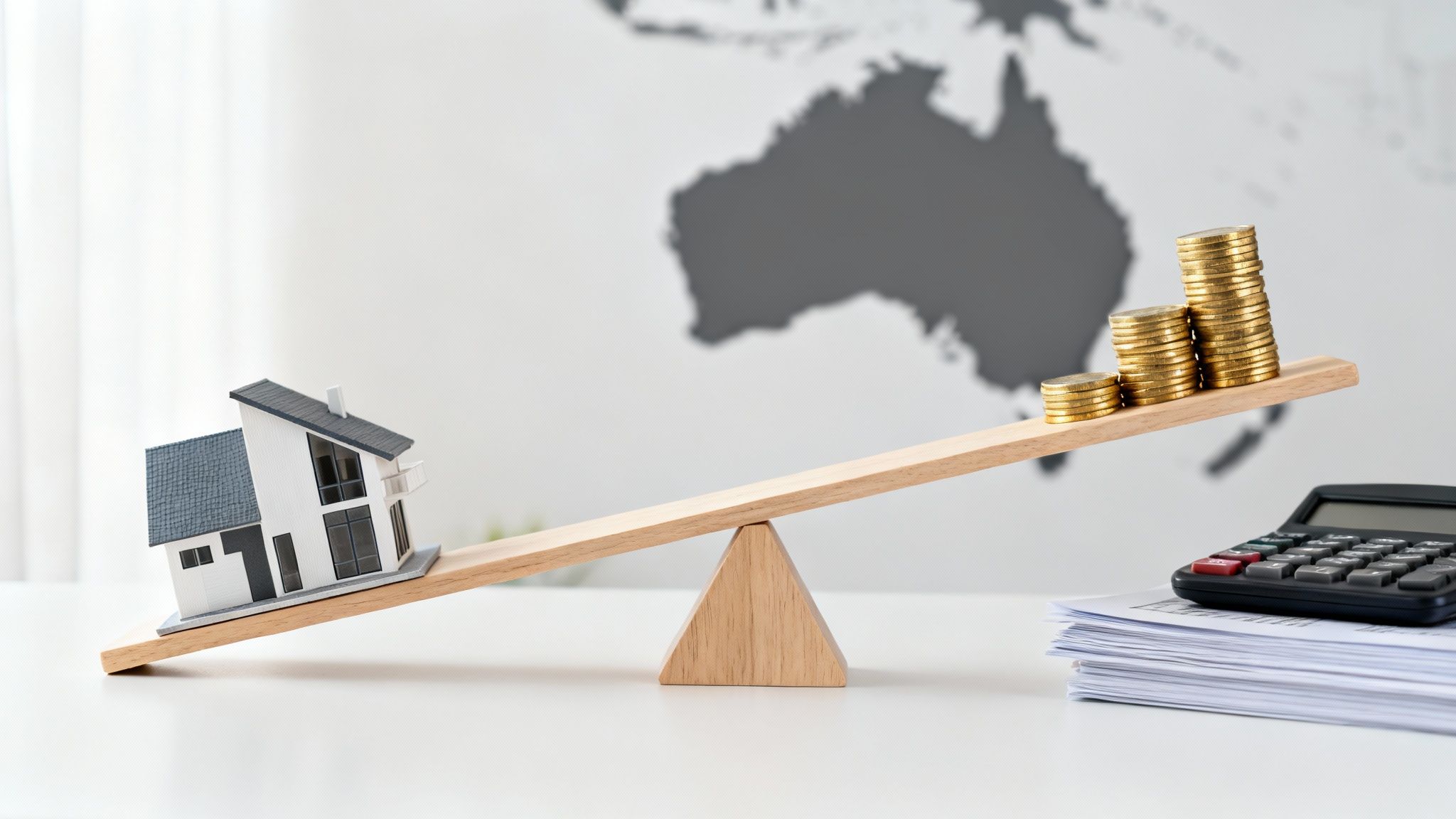 호주 네거티브 기어링 절세 전략을 상징하는 이미지로, 호주 지도와 부동산 자산, 저울 위의 금화가 투자 손익 균형을 표현함
