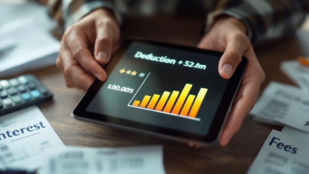 Person holding a tablet displaying a bar graph and deduction amount in a financial analysis setting.