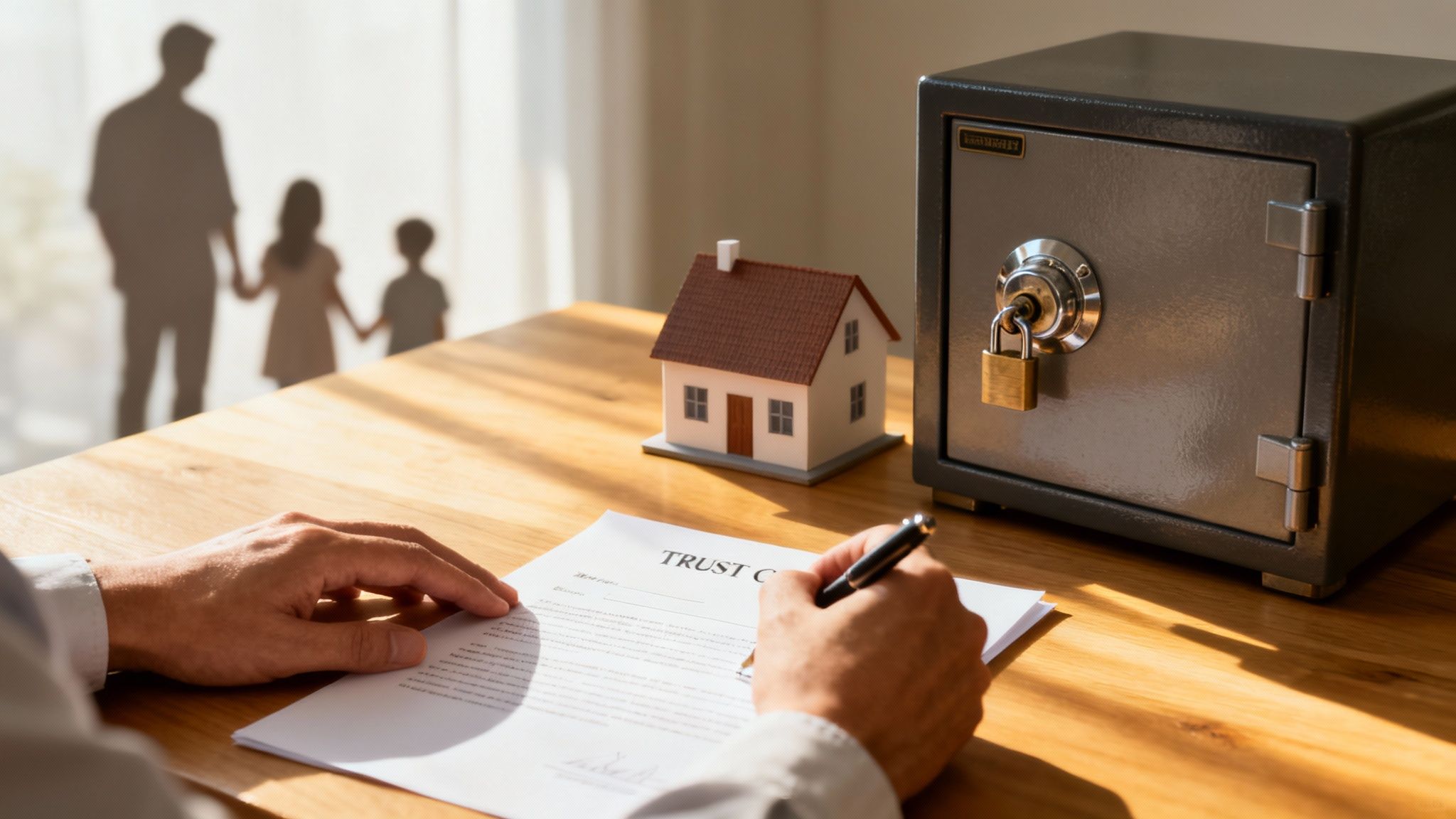 가족 그림자가 비치는 배경에서 한 남자가 신탁 계약서에 서명하고 있으며, 미니어처 집과 금고가 함께 놓여있다.