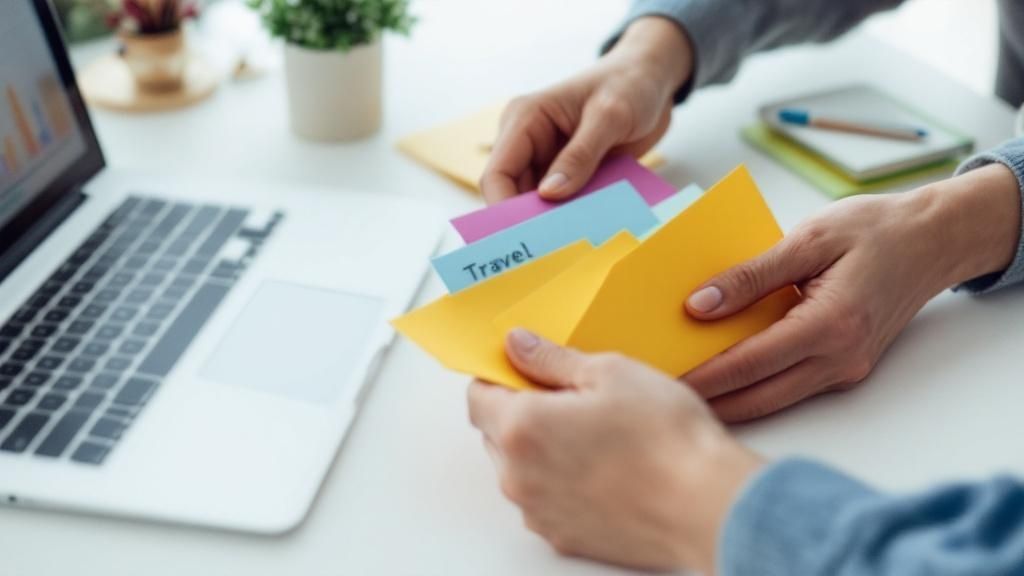Person organizing receipts in colored envelopes labeled Travel and Food