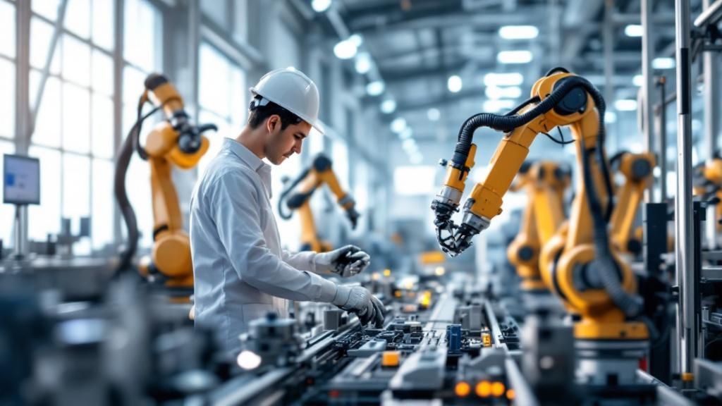 Engineer inspecting automated robotic arms on an advanced factory assembly line.