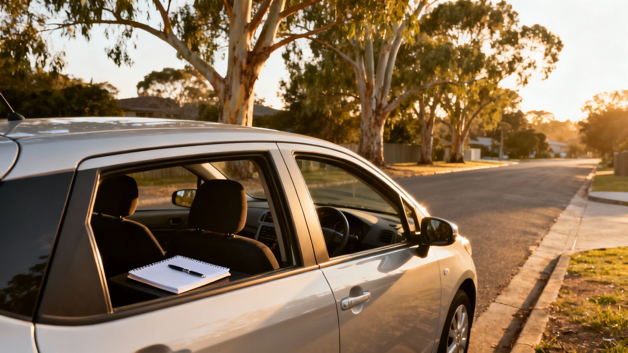 해질녘 빛이 비치는 나무와 주택이 있는 거리 옆에 주차된 은색 차. 뒷좌석에는 공책과 펜이 놓여 있다.