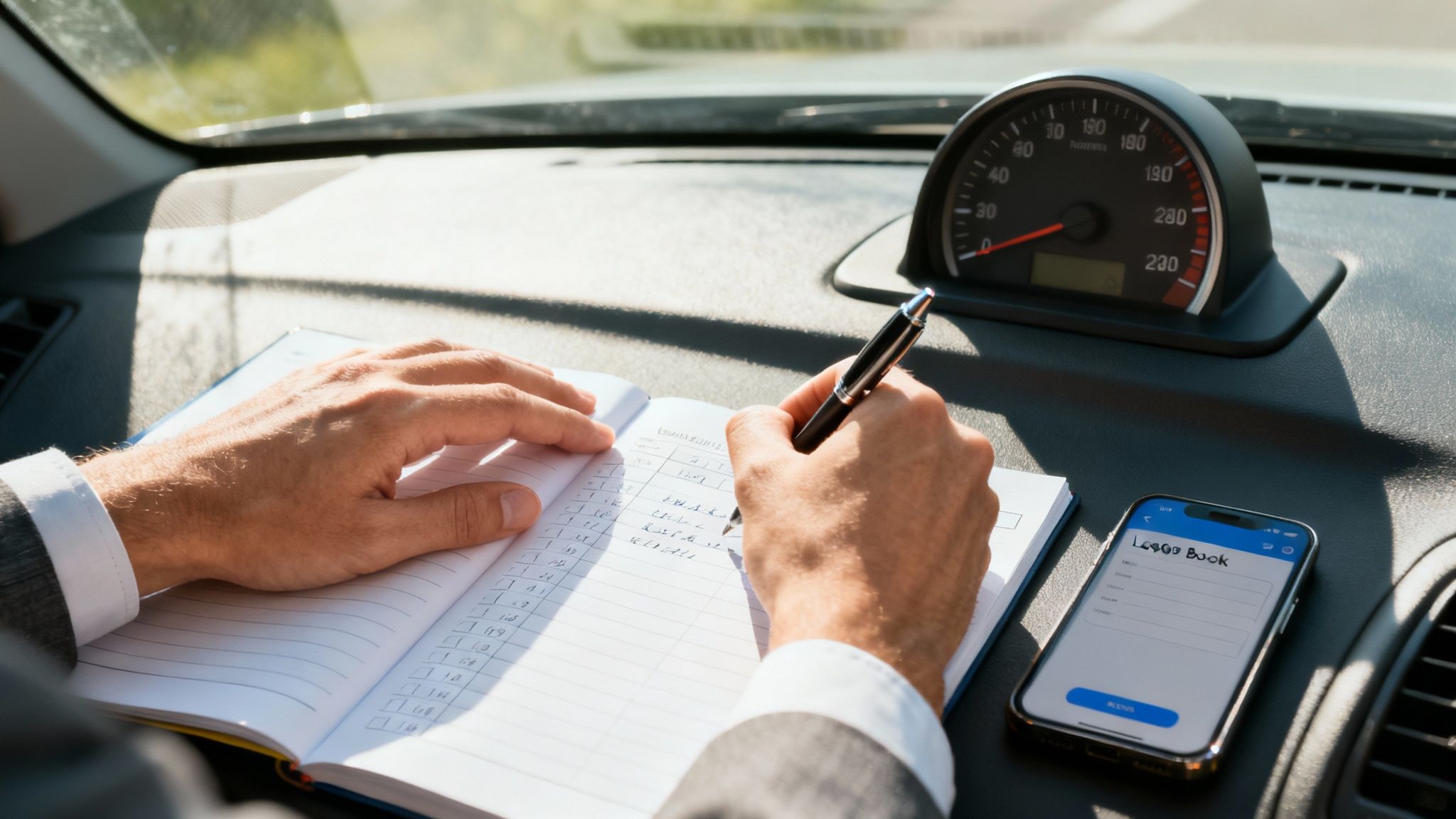 차 안에서 수첩에 기록하고 있는 사람의 손. 옆에 스마트폰과 속도계가 보인다.