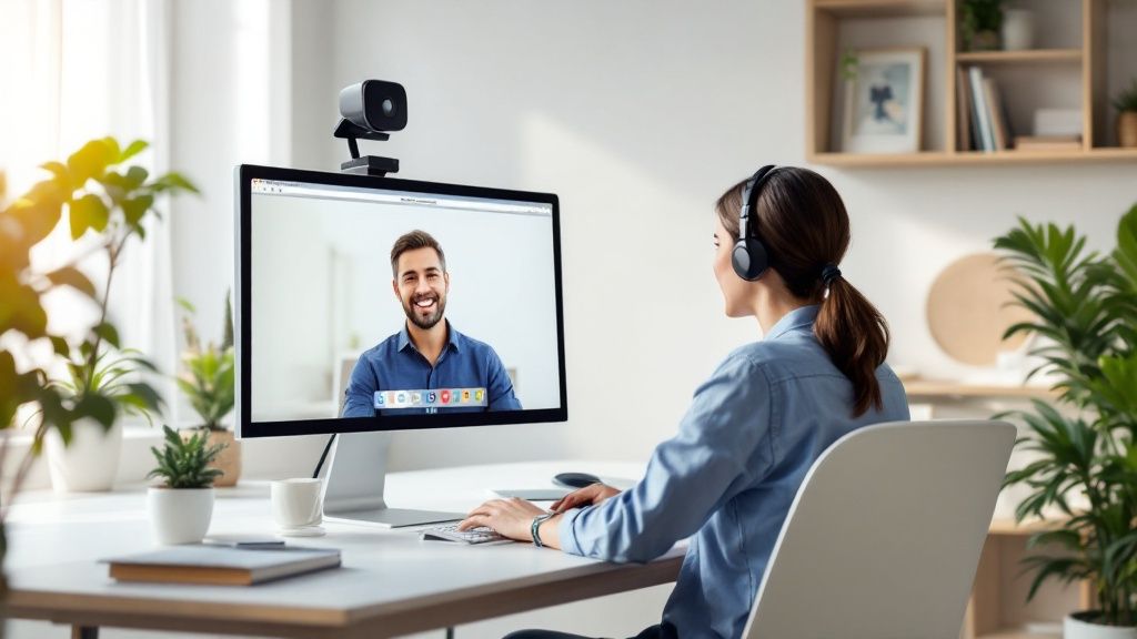 Woman having a video call with a tax advisor on a desktop computer