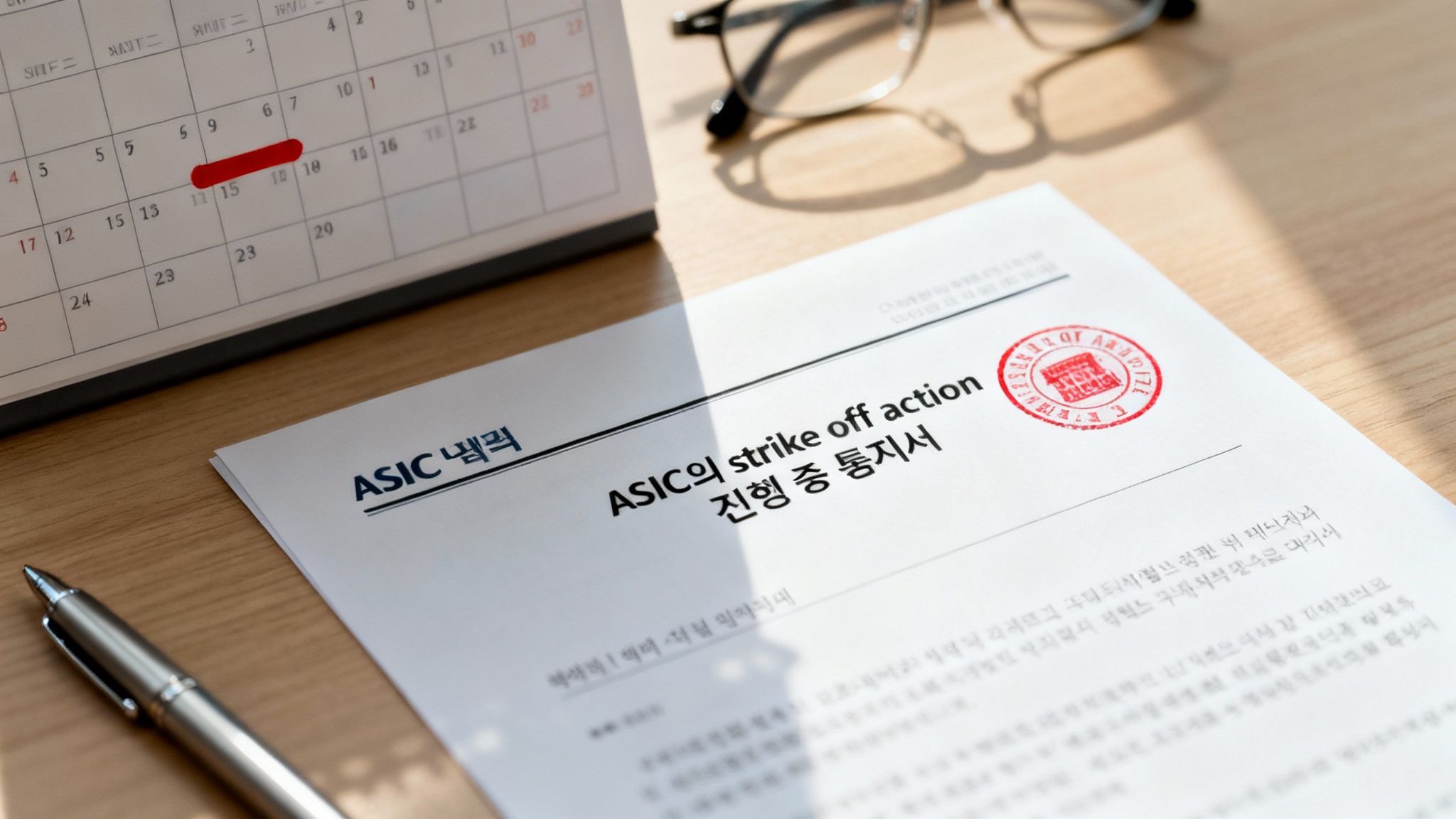 ASIC의 Strike Off Action in Progress 통지를 받은 호주 회사 문서와 대응 절차를 설명하는 이미지