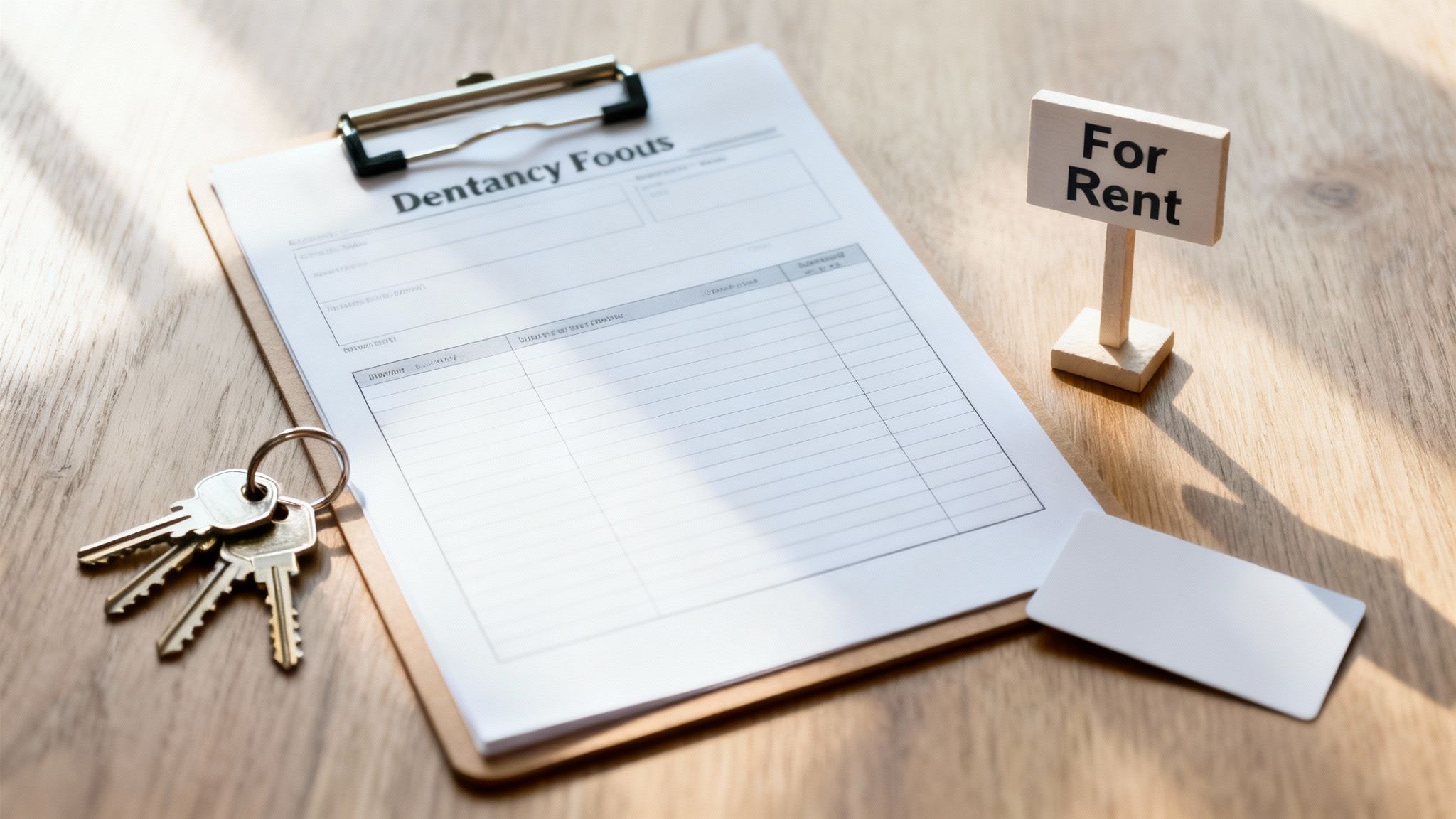 A 'For Rent' sign, keys, and a rental application form on a wooden desk, symbolizing property rental.