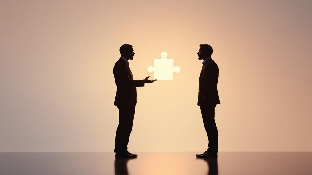 Two business professionals exchanging a puzzle piece symbolising collaboration