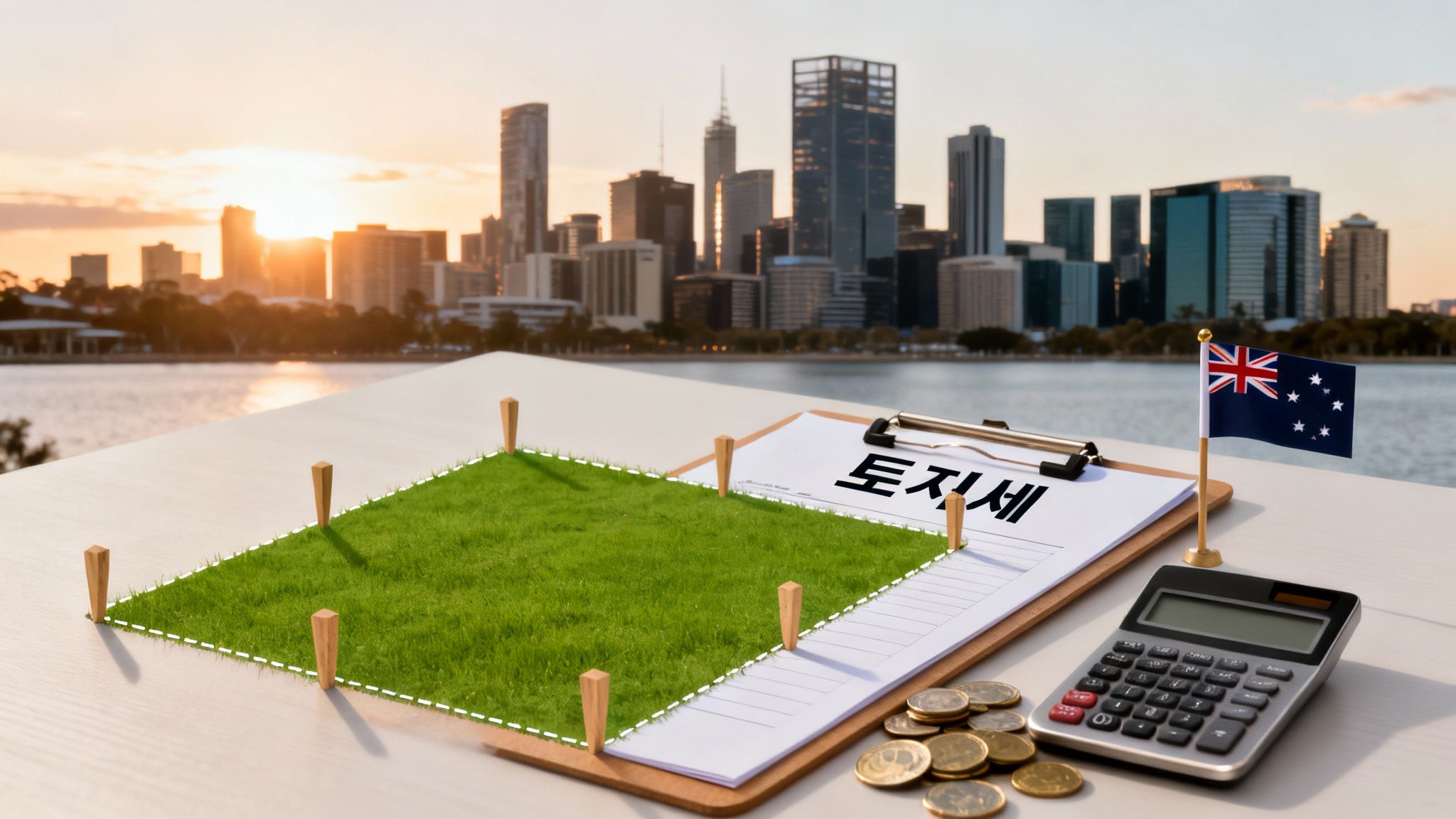 퍼스 토지세(Land Tax Perth) 계산 및 절세 방법을 설명하는 이미지로, 퍼스 도심 전경과 부동산·토지 관련 서류 및 지도 화면이 함께 보입니다.