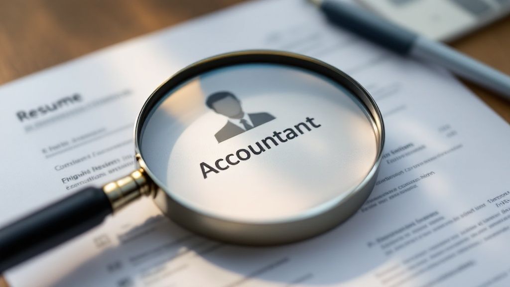 Magnifying glass focusing on the word "Accountant" over a printed resume
