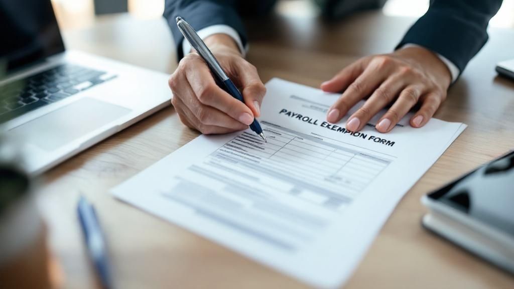 Person filling out payroll exemption form at desk