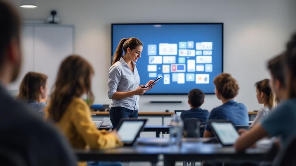 Teacher using a tablet to instruct students in a modern classroom with a digital display