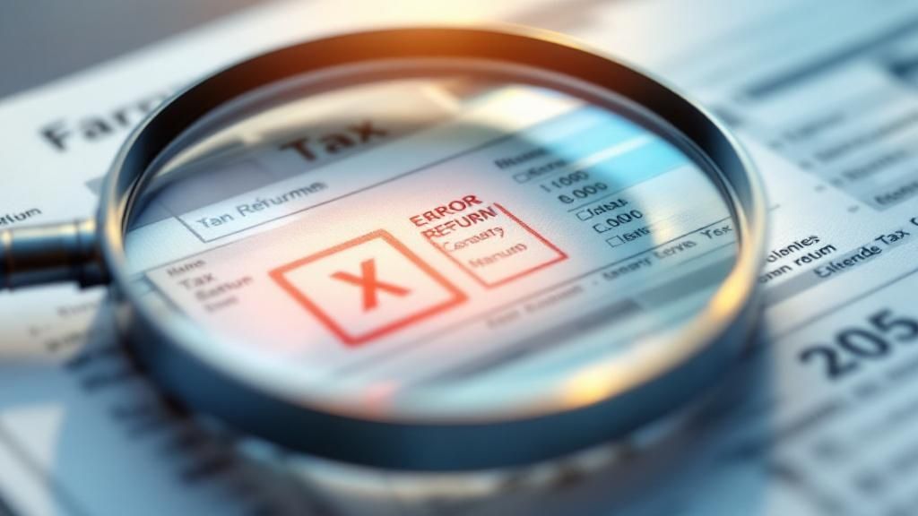 Magnifying glass highlighting an error on a tax return document