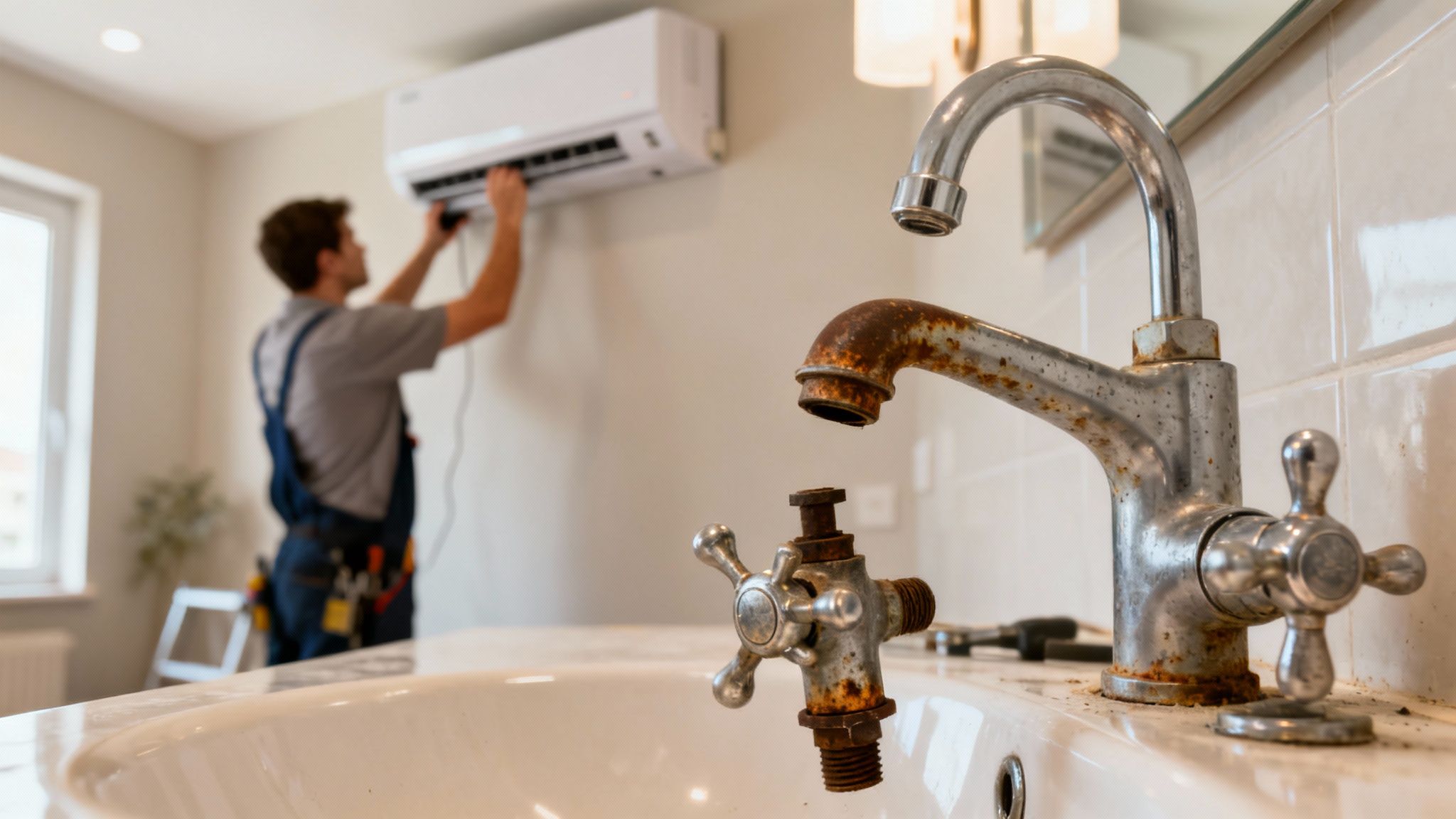 낡고 녹슨 수도꼭지가 전경에 있고, 배경에는 에어컨을 수리하는 기술자가 있습니다.