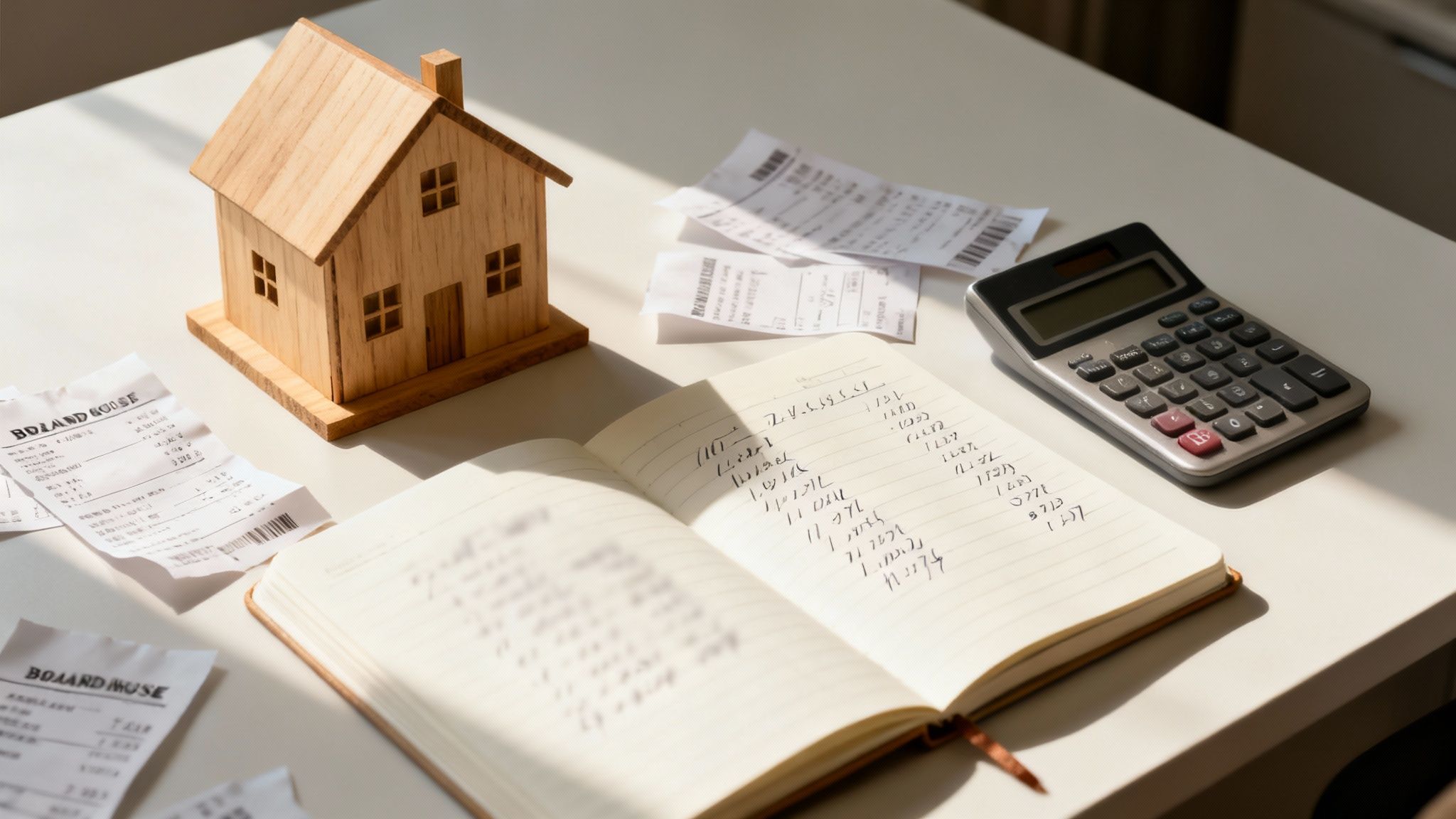 나무집 모형과 계산기, 영수증, 노트가 주택 구입 및 가계 예산 계획을 보여줍니다.