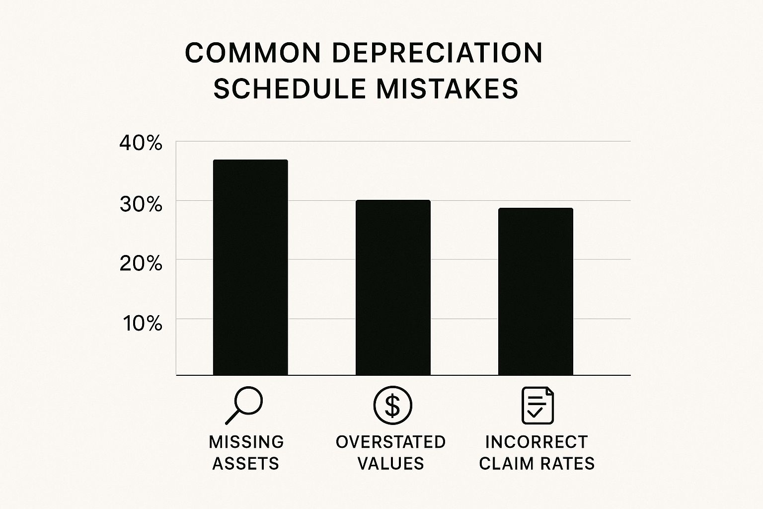 Bar chart showing the most common depreciation schedule mistakes: missing assets, overstated values, and incorrect claim rates, with missing assets being the most frequent.