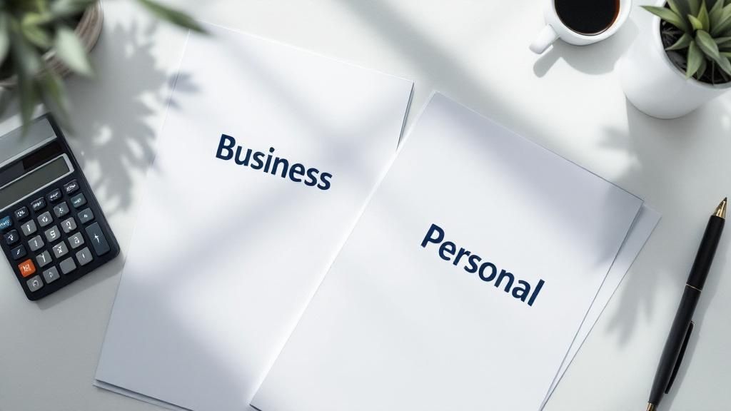 Business and personal financial documents side by side on a desk with office supplies