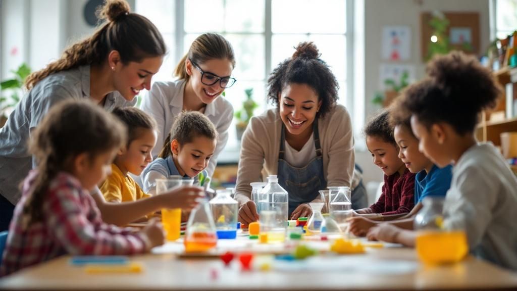 Teachers and young students participating in a colorful science activity in the classroom
