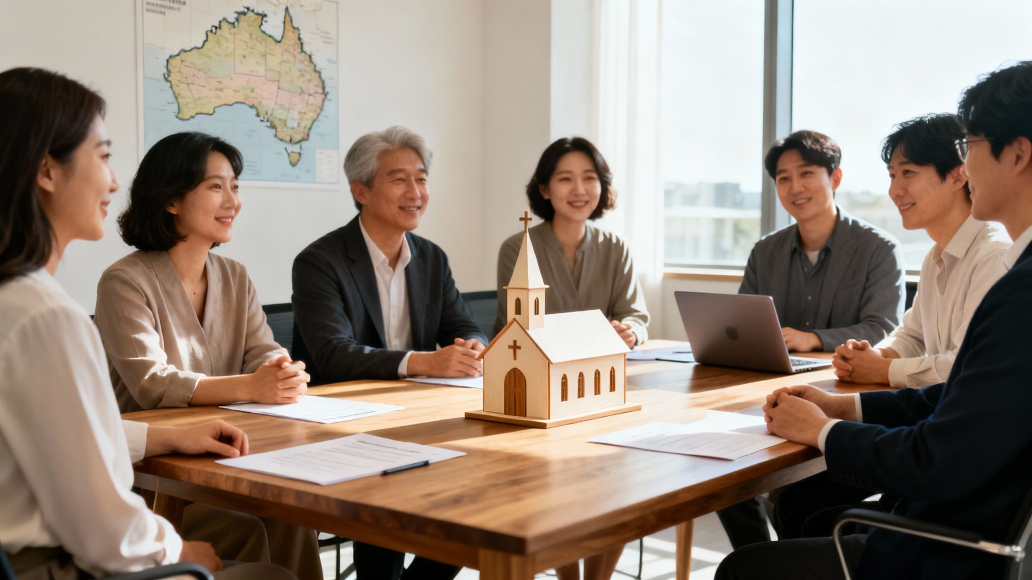 교회 설립 과정을 논의하는 회의에서 호주 지도와 나무 교회 모형을 중심으로 둘러앉은 사람들