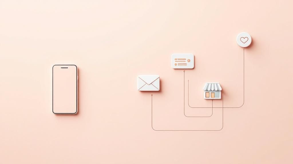 Illustration of multi-channel communication icons including smartphone, email, chat, and store on a pastel background