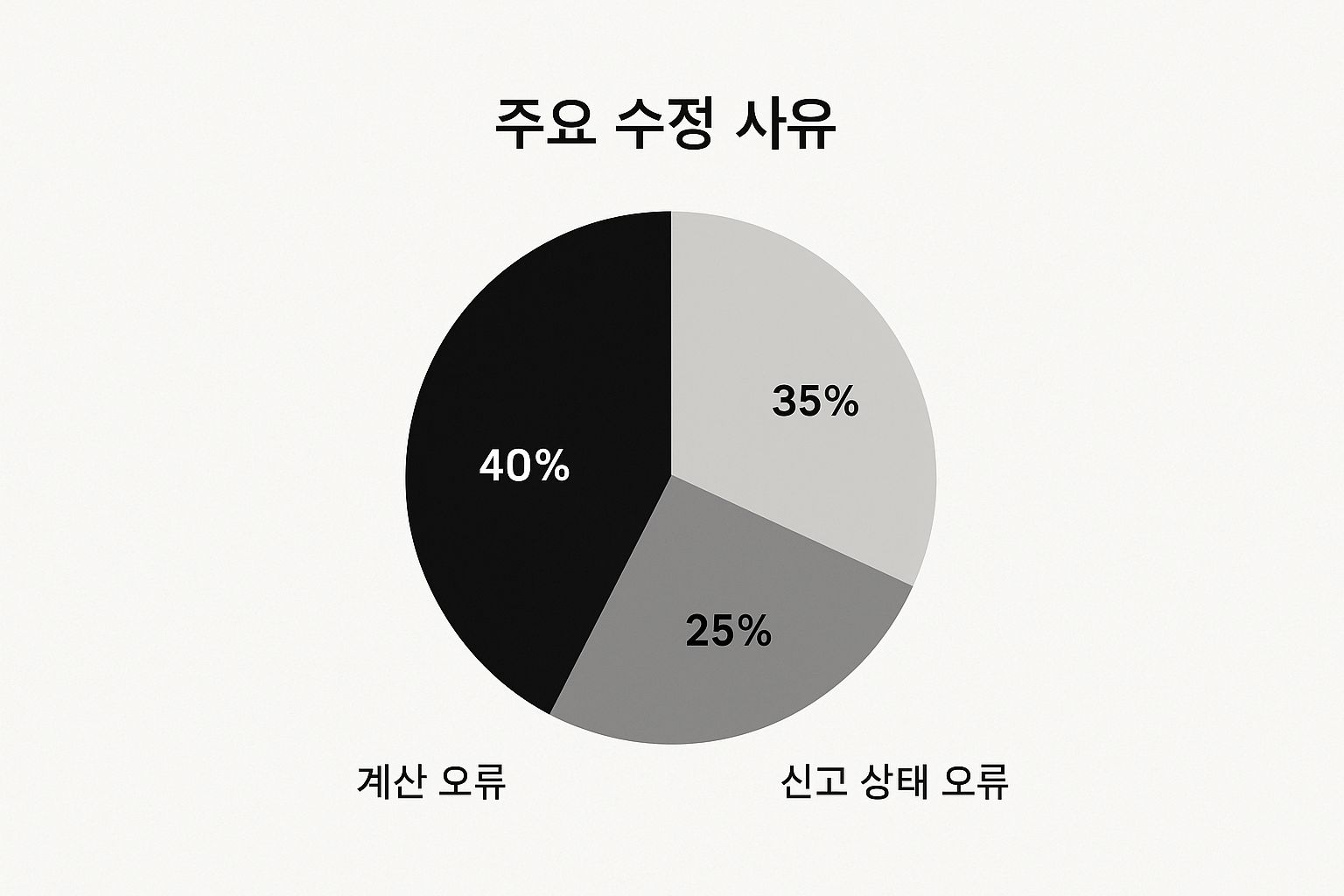 Pie chart showing key reasons for tax return amendments: 40% calculation errors, 35% status errors, 25% filing errors.