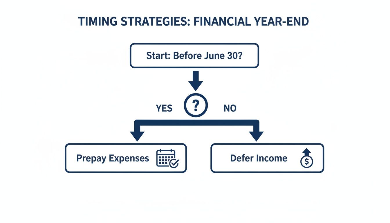 Flowchart detailing financial year-end timing strategies: prepay expenses or defer income based on June 30.