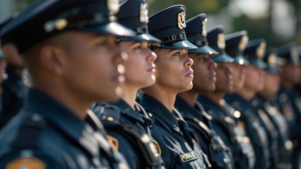 Line of uniformed police officers standing in formation during a formal event or ceremony.