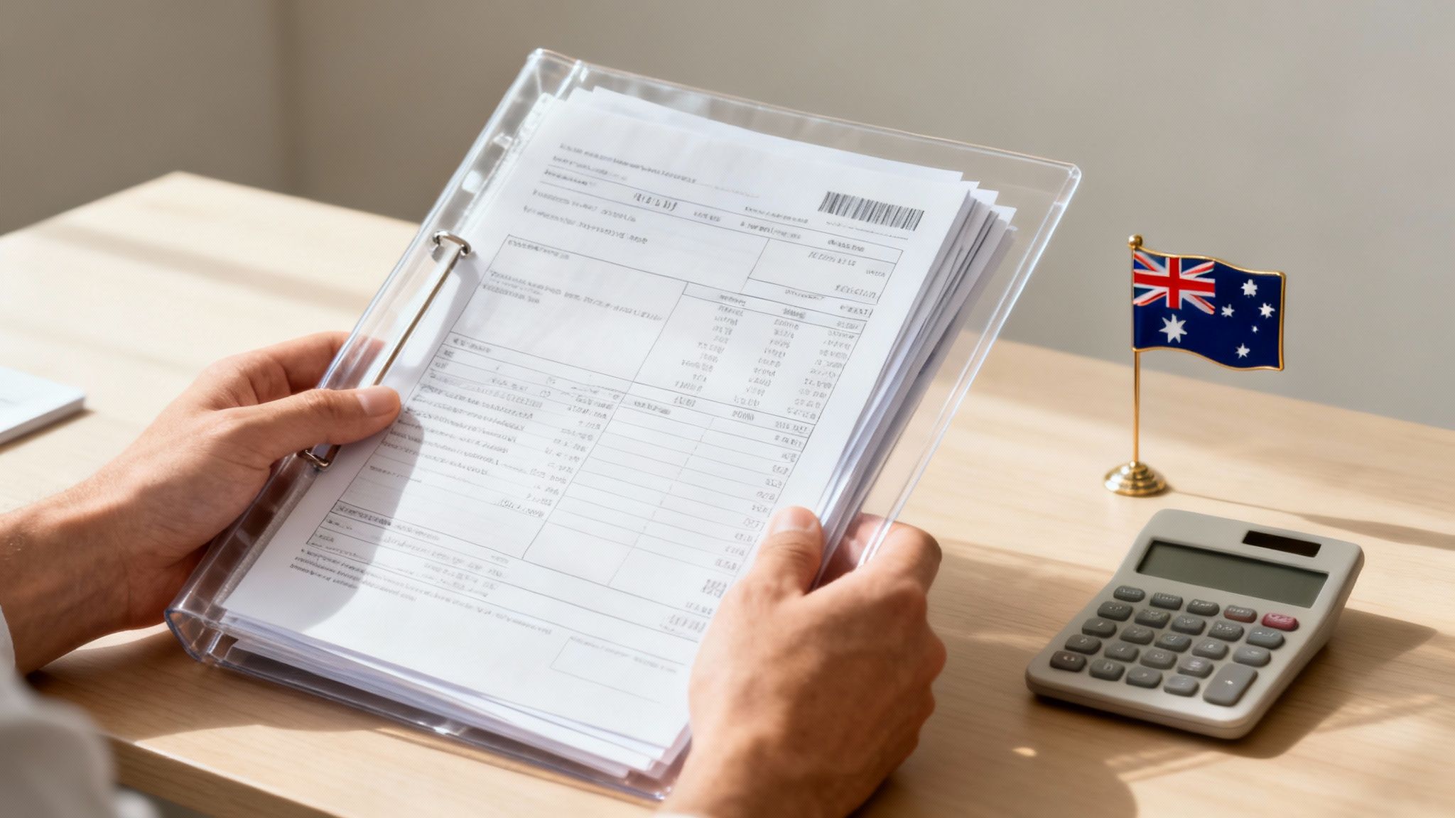 손에 투명 서류철을 들고 있으며, 책상 위에는 호주 국기와 계산기가 있습니다.