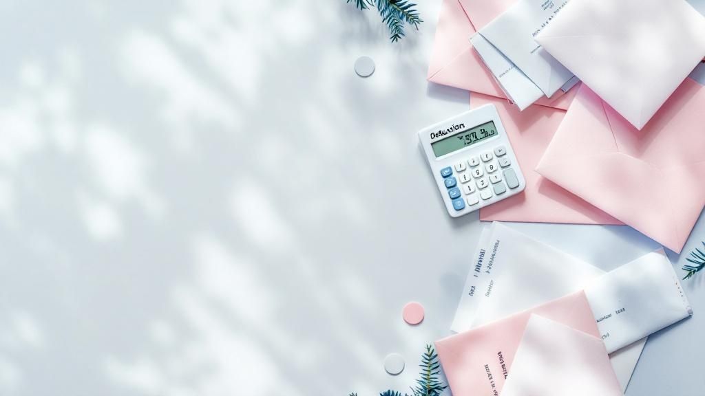 Calculator and envelopes arranged on a table with tax documents and decorative leaves