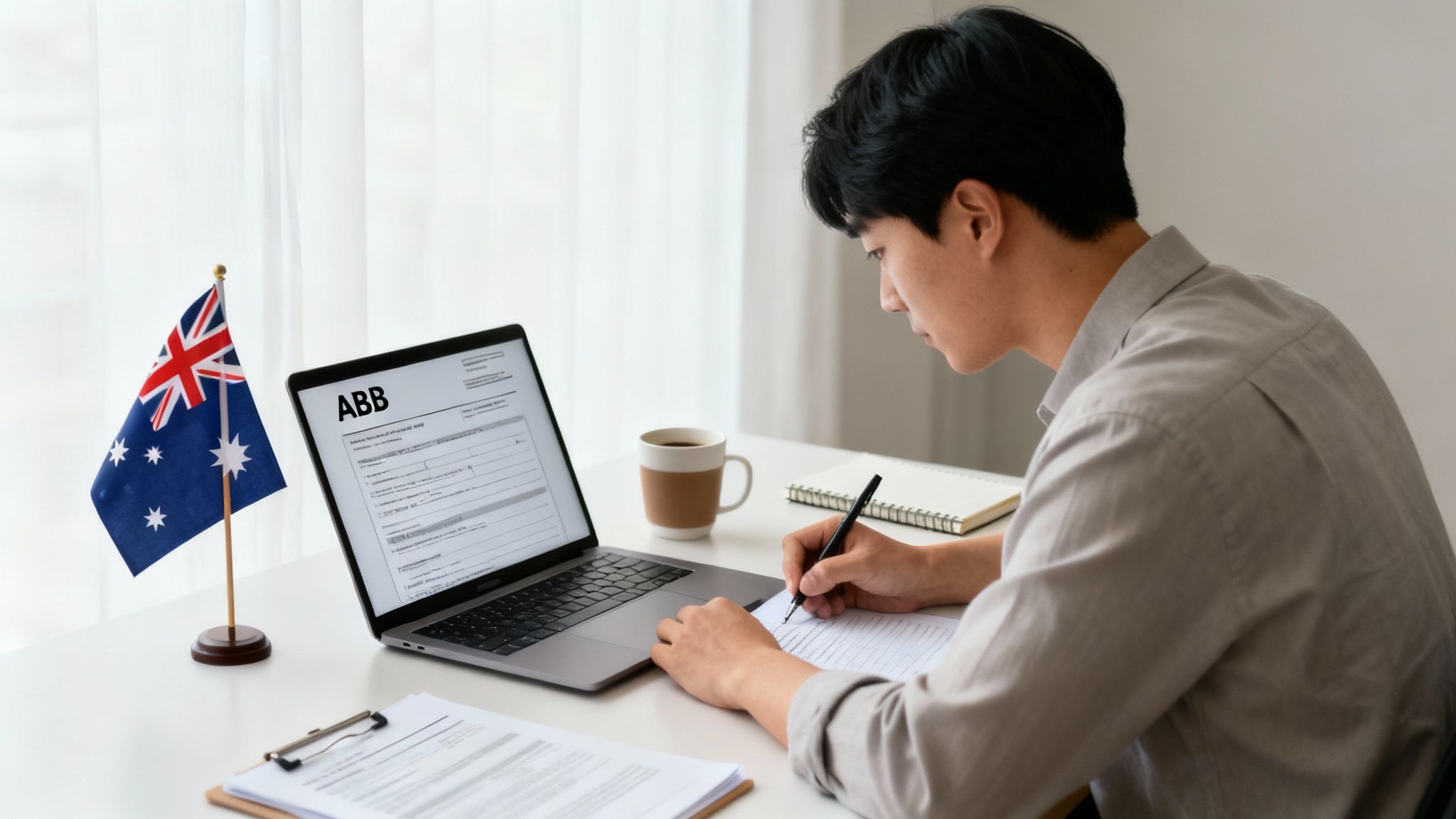 노트북과 호주 국기가 있는 책상에서 서류를 작성하는 아시아 남성