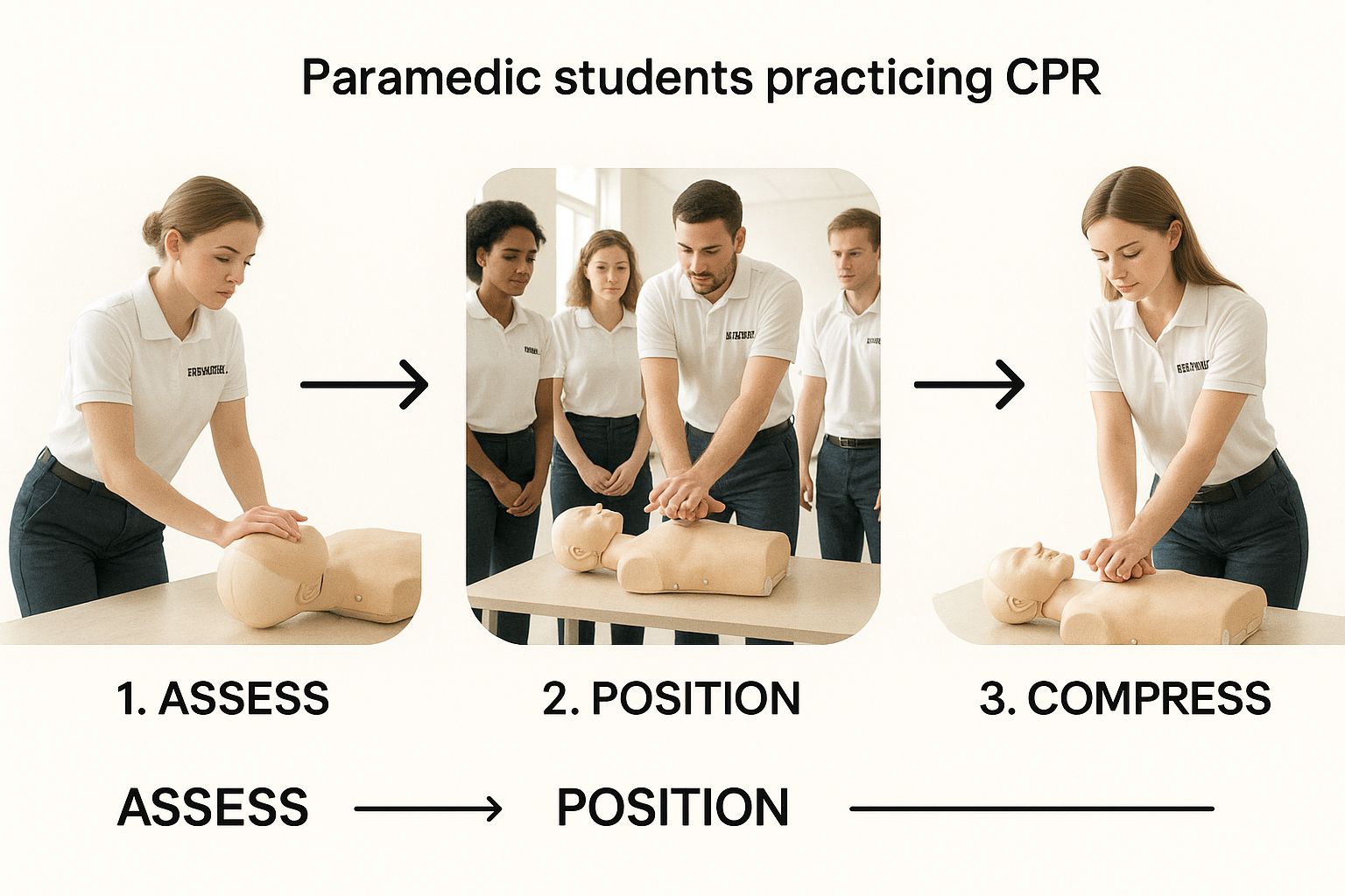 Paramedic students practicing CPR techniques on mannequins in a classroom setting