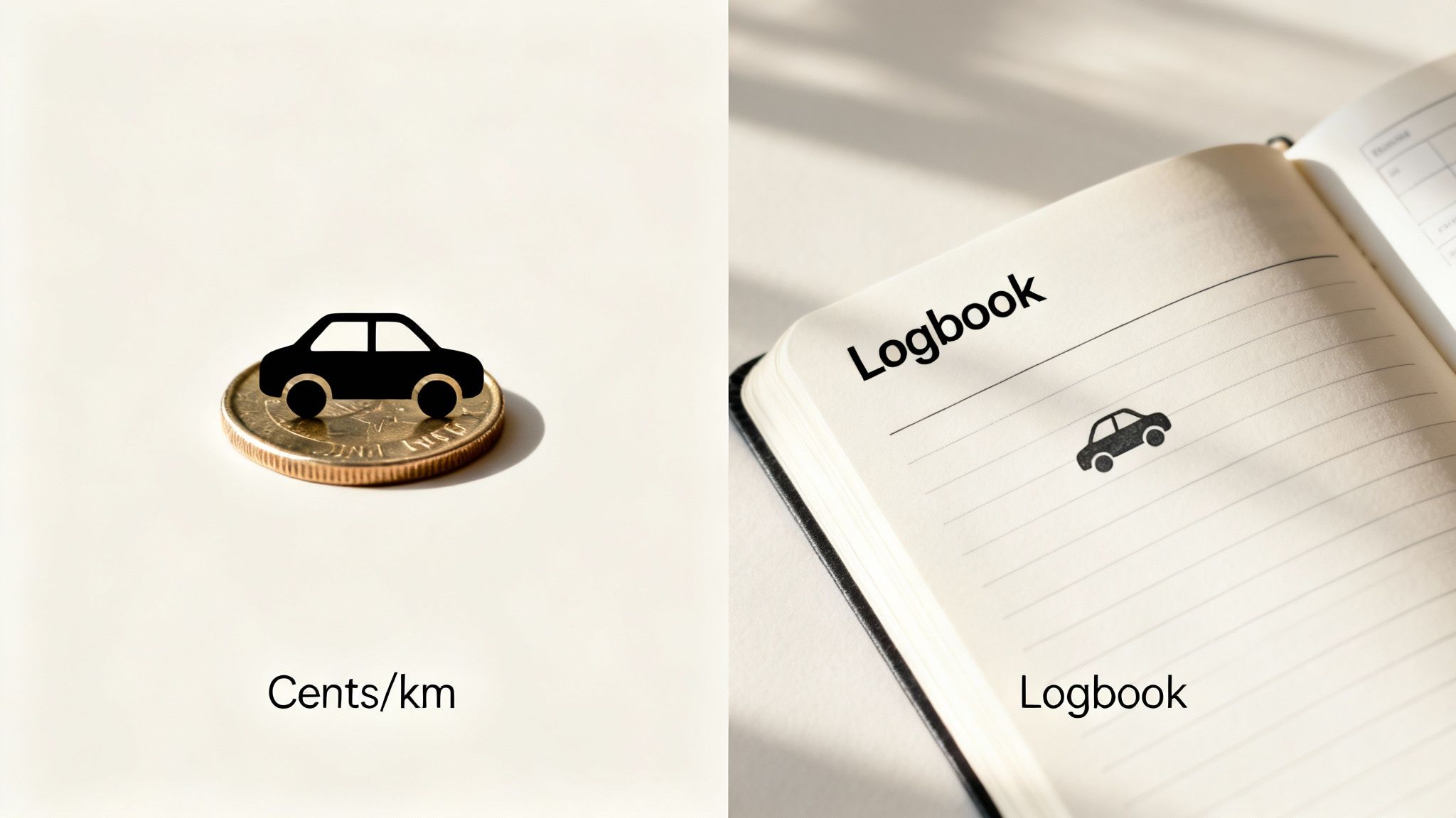 A car icon on a coin next to an open logbook, representing vehicle expenses and tracking.