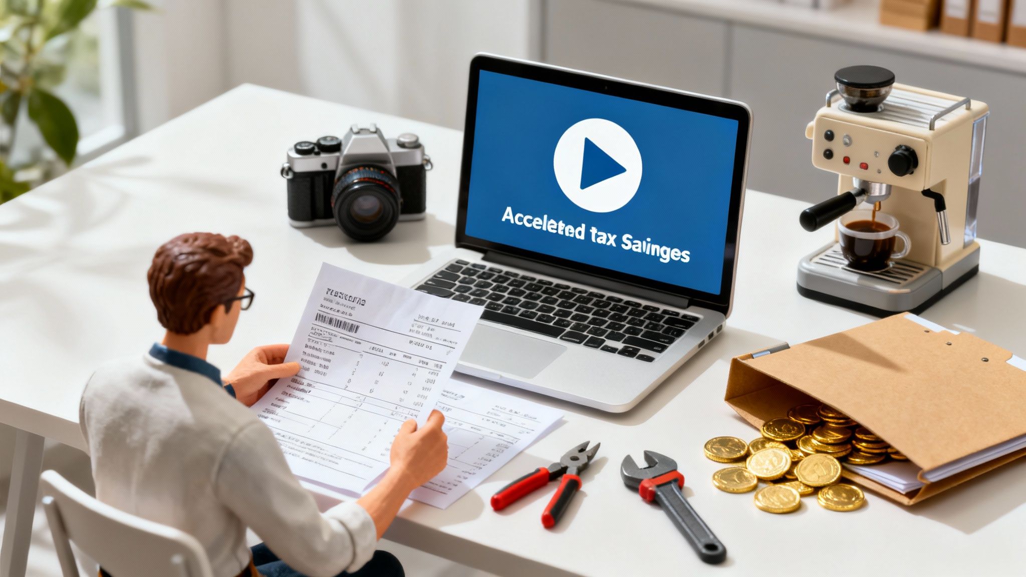 Australian small business owner reviewing instant asset write-off eligibility with business equipment, laptop, and ATO tax documents on a desk