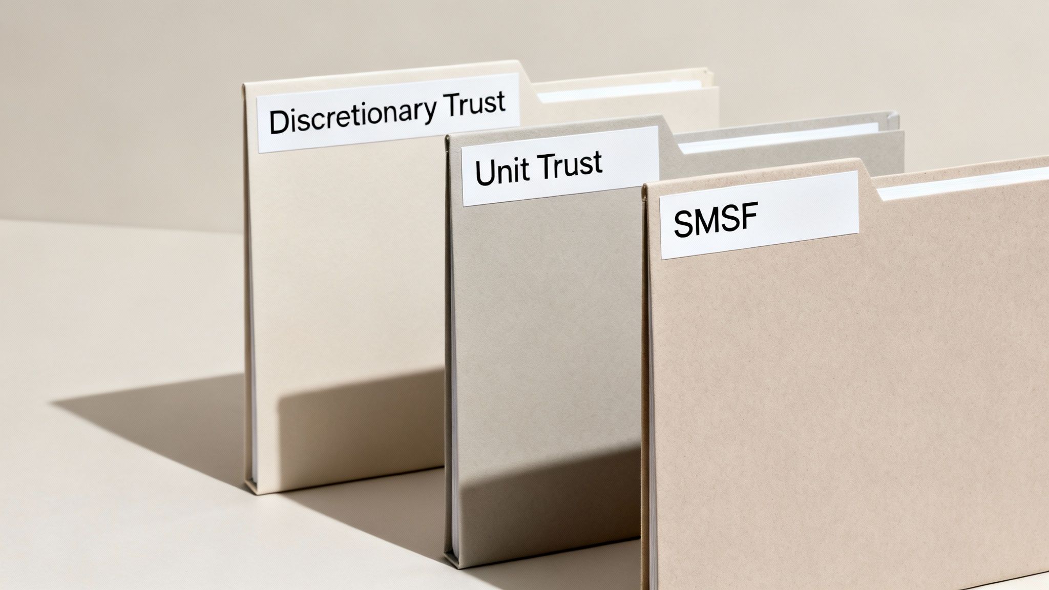 Three file folders labeled 'Discretionary Trust', 'Unit Trust', and 'SMSF' standing upright.
