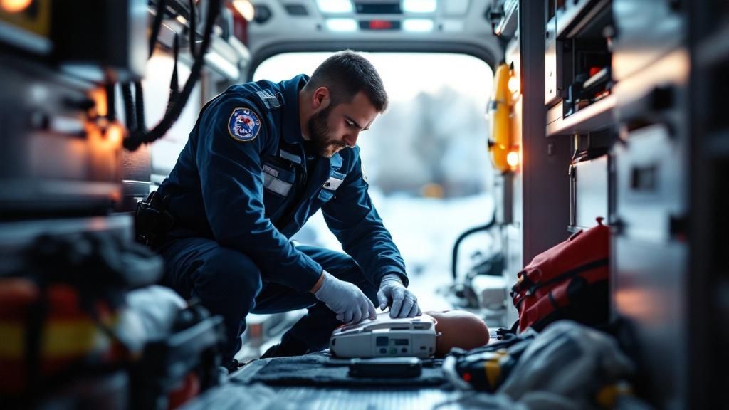 Paramedic providing emergency care inside an ambulance using medical equipment