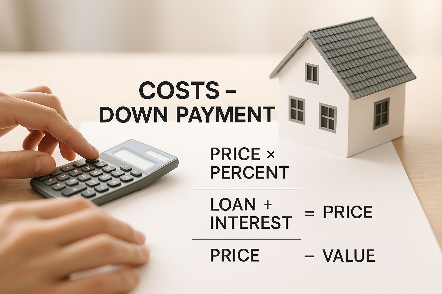 A person using a calculator next to a miniature house model with mortgage cost formulas displayed