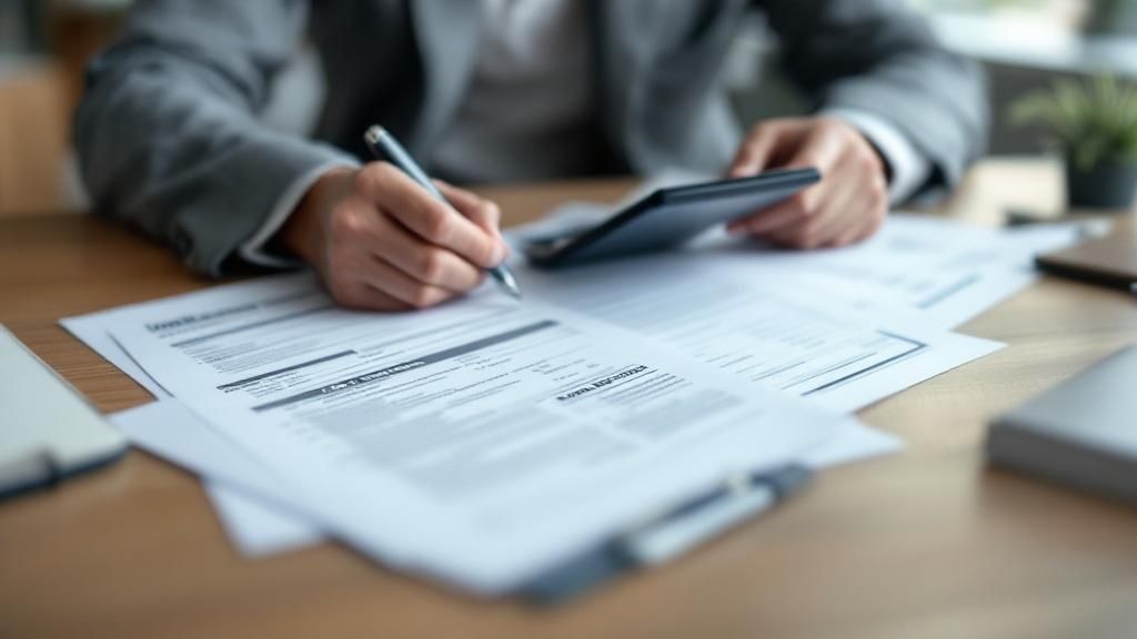 Person in business attire signing a contract with a pen, reviewing documents and using a calculator on a desk
