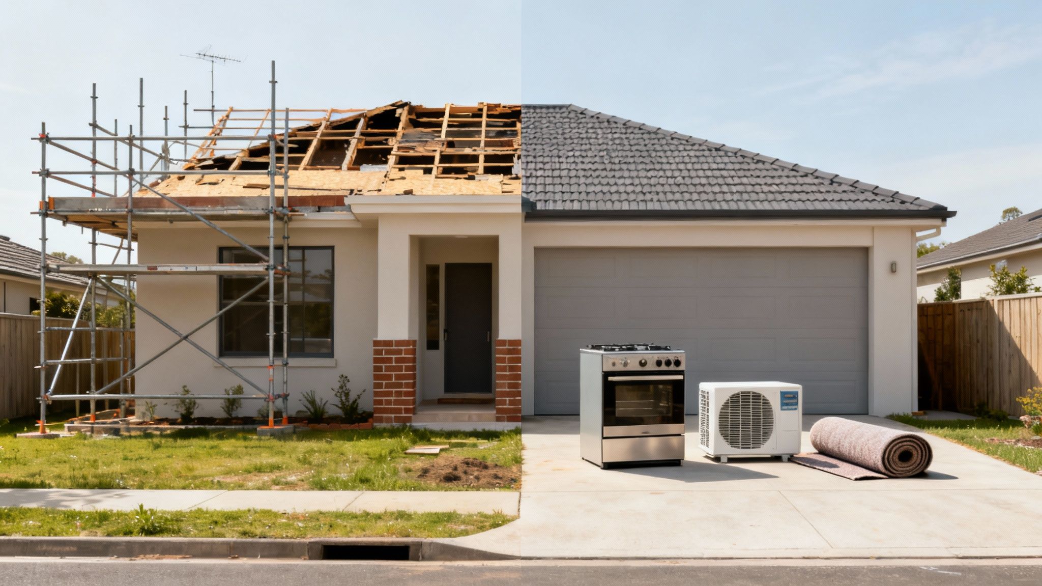 절반은 공사 중이고 절반은 완공된 주택의 모습으로, 주택 개조 과정을 시각적으로 보여줍니다.