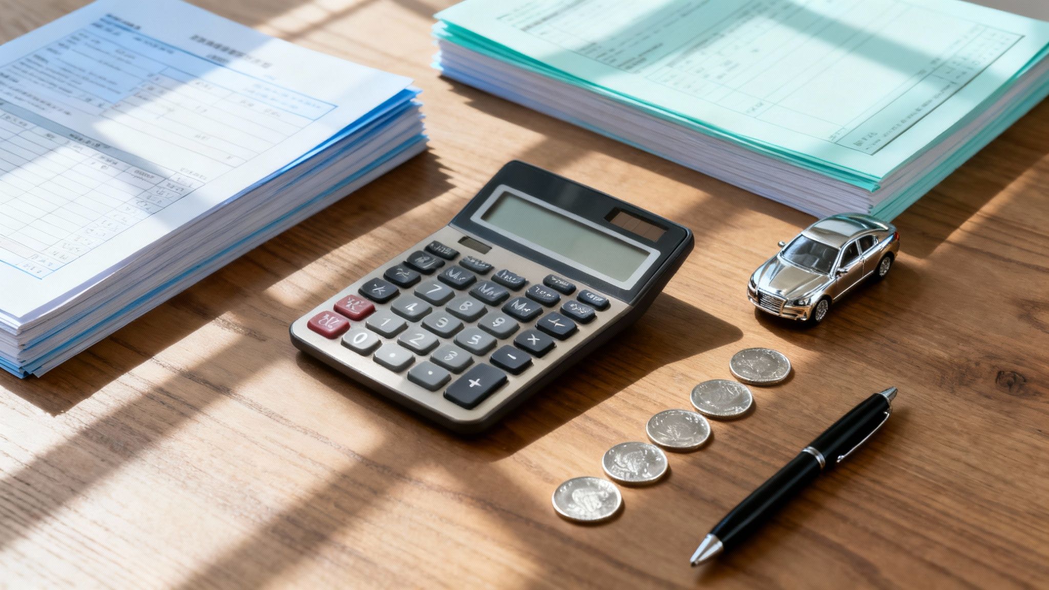 나무 책상 위에 계산기, 서류 뭉치, 동전, 장난감 자동차, 펜이 놓여 있어 재무 계획을 나타냅니다.