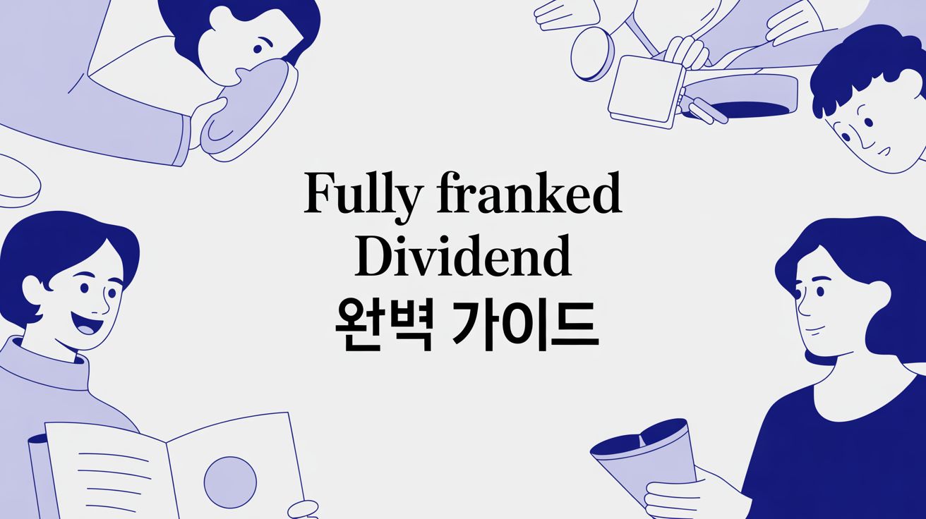 호주 완전 세액 공제 배당 완벽 가이드를 설명하는 텍스트와 사람 일러스트가 포함된 표지 이미지