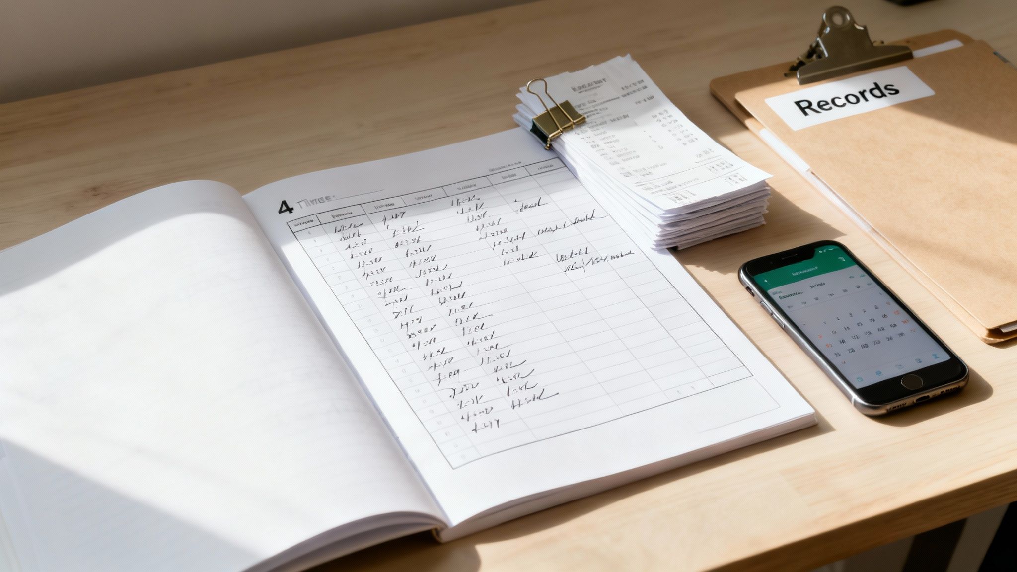 A home office desk with an open ledger book, receipts, a 'Records' clipboard, and a smartphone.