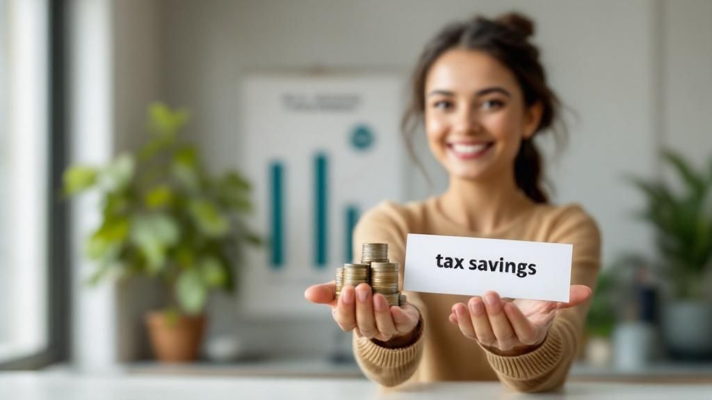 Smiling woman holding a “tax savings” sign and stacked coins, symbolising personal finance benefits from understanding tax thresholds.