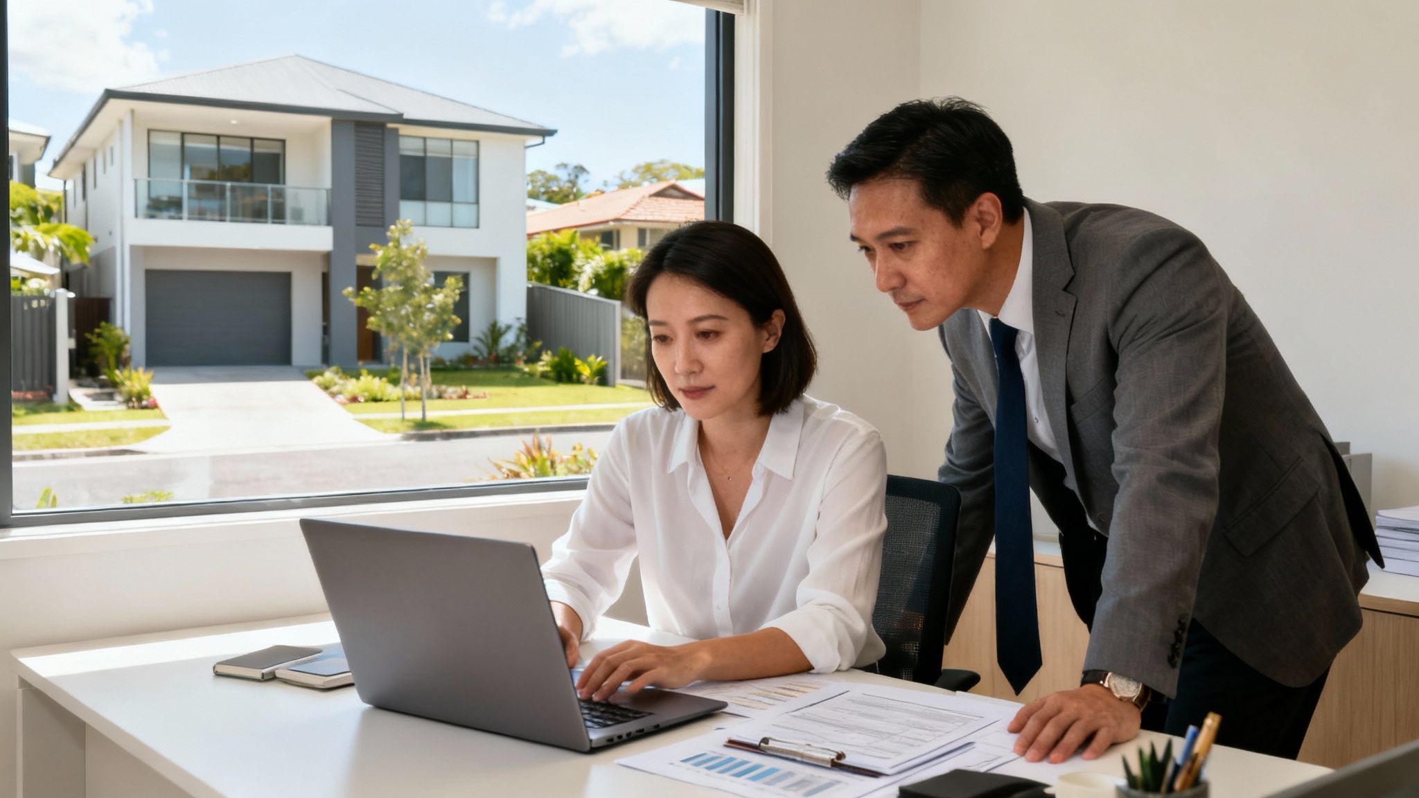 창밖으로 보이는 주택을 배경으로, 사무실에서 두 사람이 노트북과 서류를 검토하고 있다.