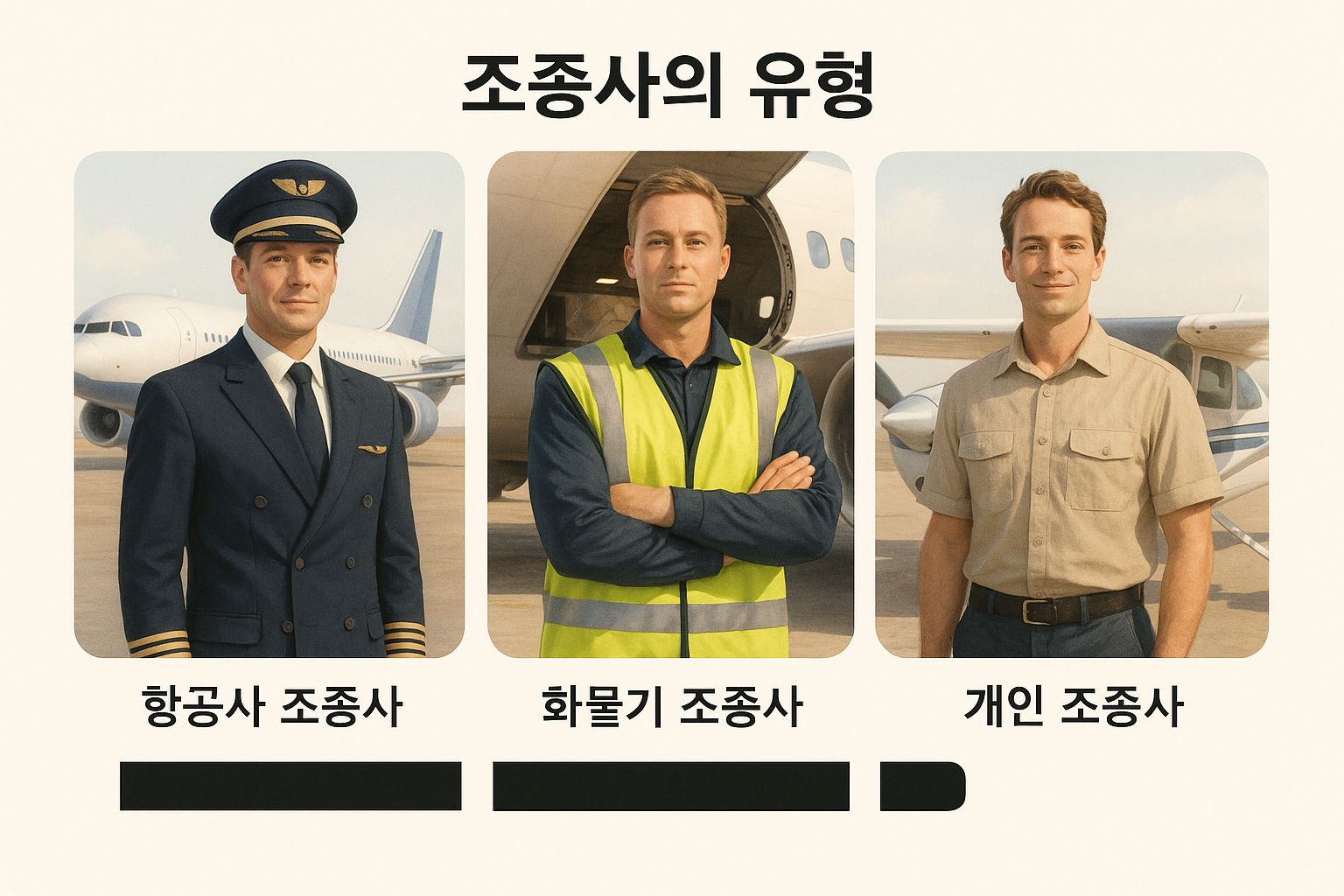 Infographic showing three types of pilots: airline pilot, cargo pilot, and private pilot