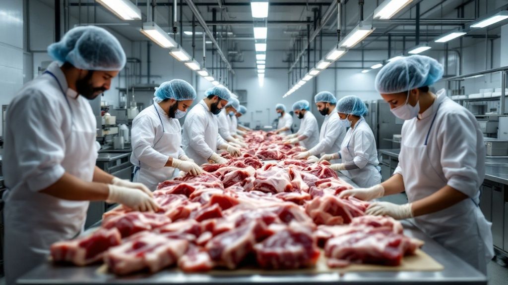 Meat processing workers in white uniforms handling raw meat in a clean facility