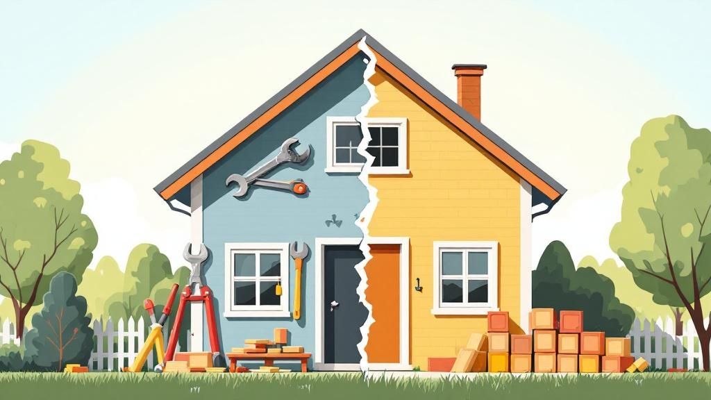 Illustration of a house split in half — one side under renovation with tools and ladders, the other side fully completed, symbolising property improvement and tax deductions.