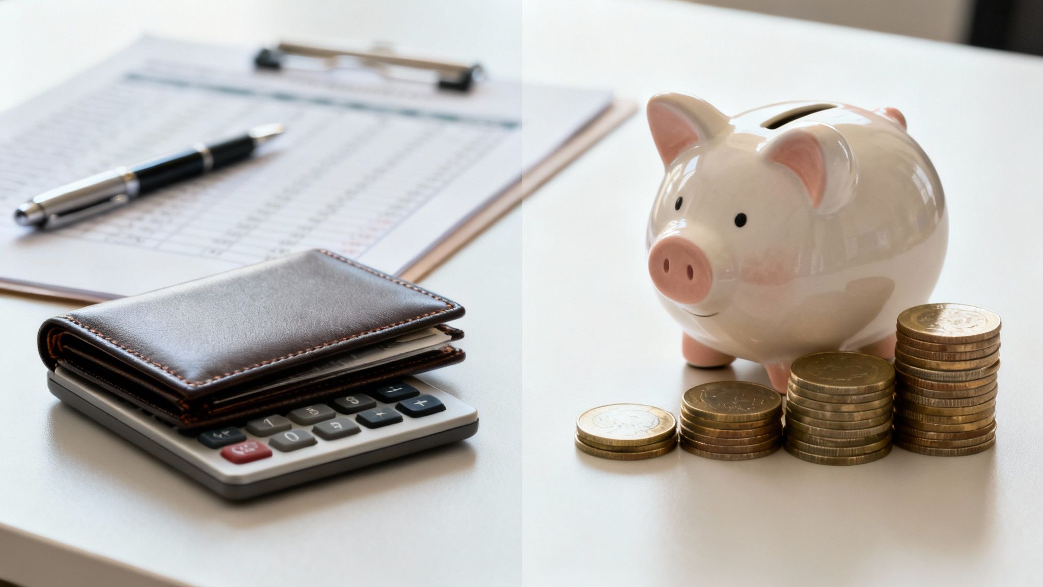 재무 보고서, 지갑, 계산기와 돼지 저금통, 동전 스택을 보여주는 재정 관리 및 저축 이미지.