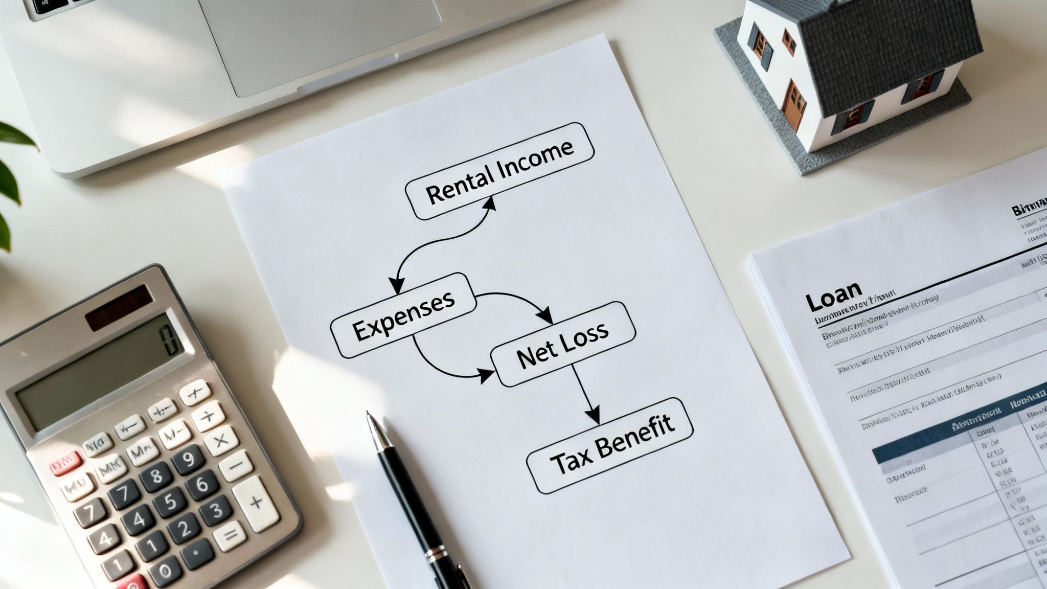 Flowchart detailing rental income, expenses, net loss, and tax benefit on a desk with a calculator and house model.
