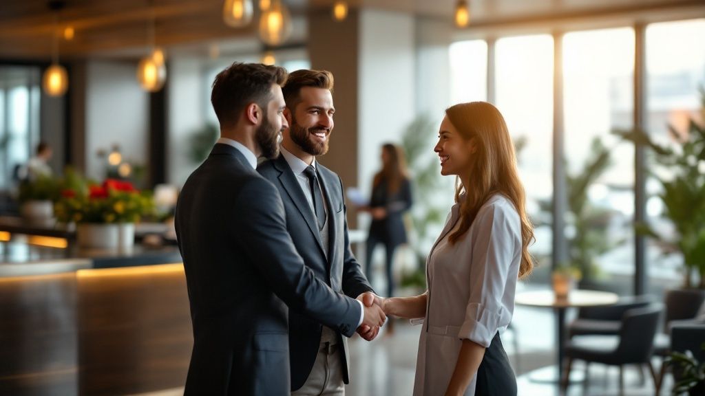 Hospitality professionals and advisors shaking hands in a modern café or restaurant setting