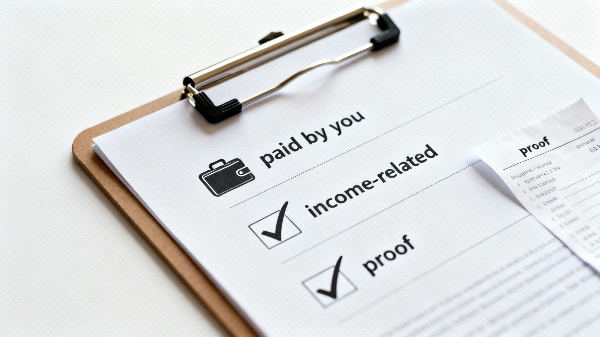 A document on a clipboard with 'income-related' and 'proof' checkboxes marked, suggesting tax claim documentation.